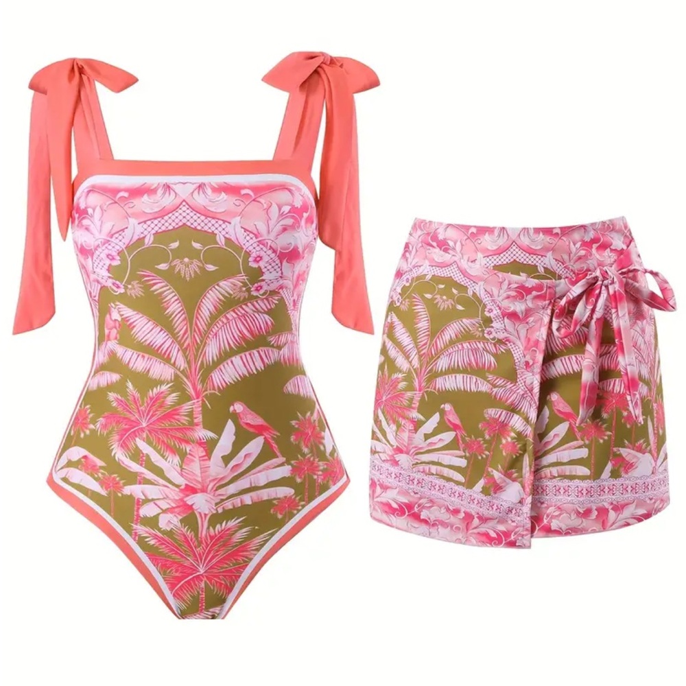 Tropical Print Swimsuit and Skirt Set